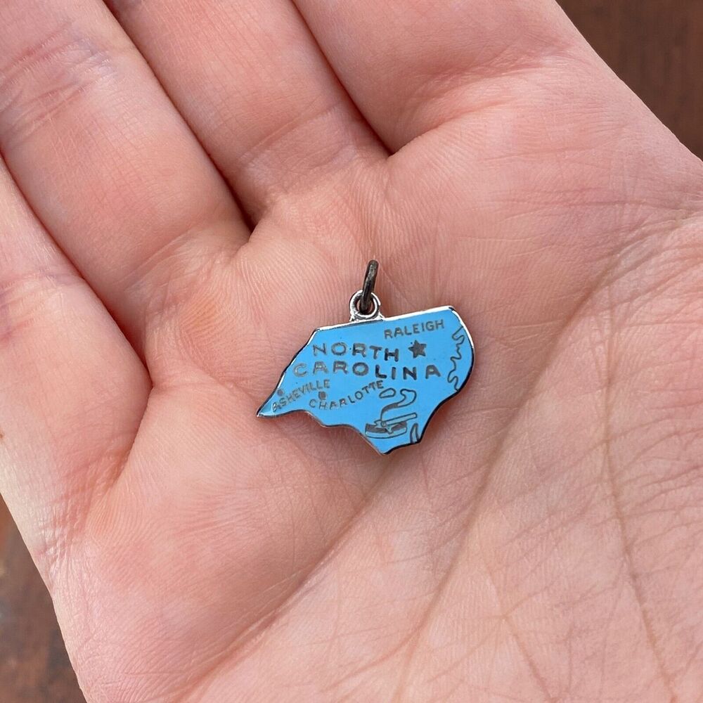 Vintage Wells 925 Sterling Silver Cloisonné "North Carolina" Map Pendant Charm